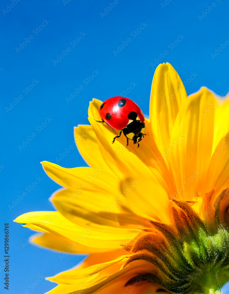 A ladybird collecting pollen from a vibrant yellow flower, set against a clear blue sky. The scene captures the beauty of nature, showcasing the insect’s delicate features and its role in pollination. A ladybird collecting pollen from a vibrant yellow flower, set against a clear blue sky. The scene captures the beauty of nature, showcasing the insect’s delicate features and its role in pollination.