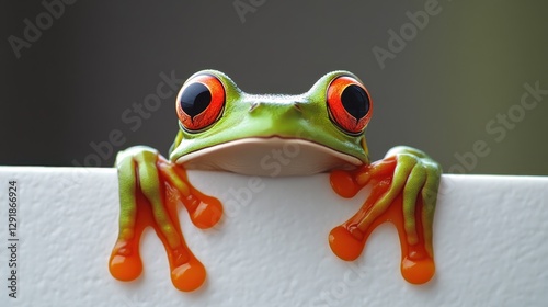 A vibrant green tree frog with striking red eyes peeks over a white ledge, showcasing its colorful appearance and curious expression.
