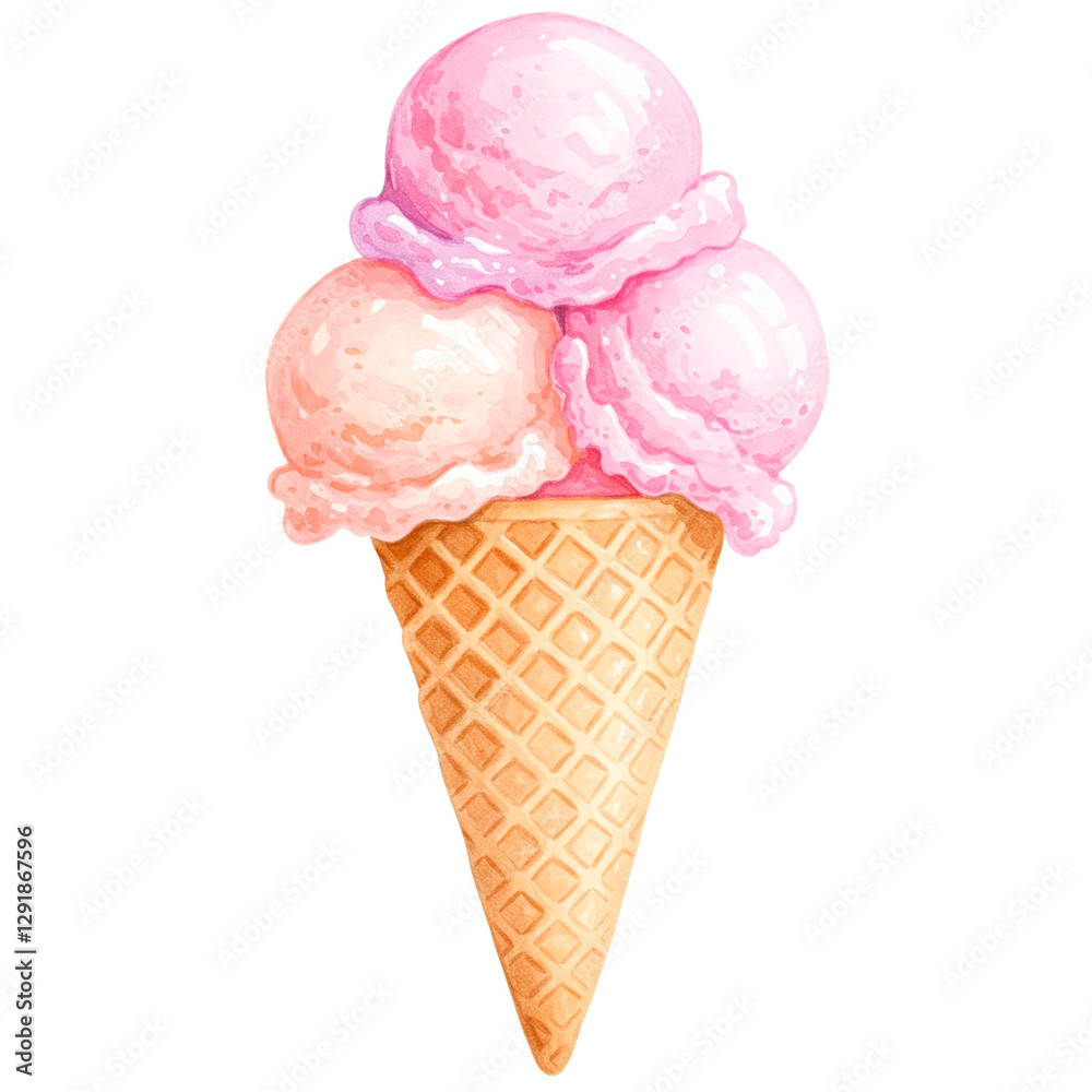 Colorful Ice Cream Cone, Pink Scoops, Party Treat, Festive Child Snack, Sweet Decor Colorful Ice Cream Cone, Pink Scoops, Party Treat, Festive Child Snack, Sweet Decor