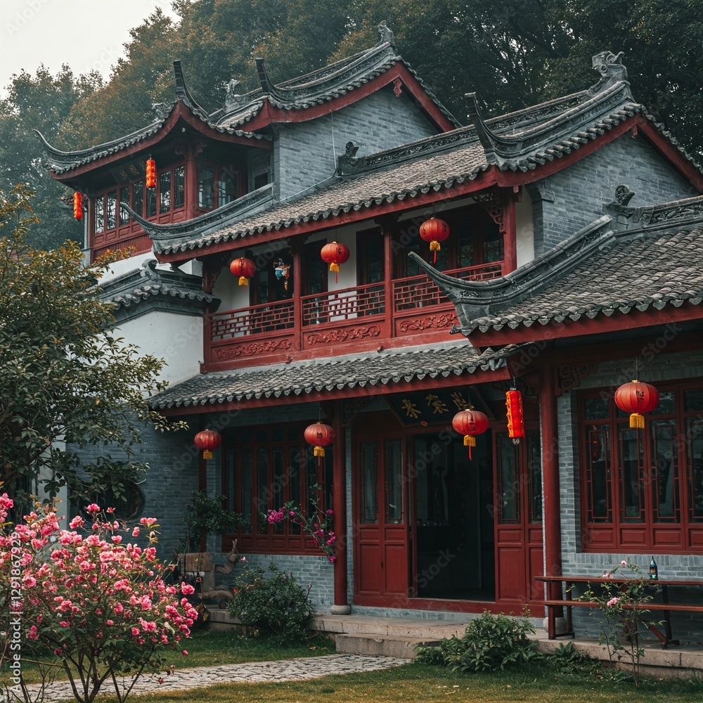 Traditional Chinese Architecture with Red Lanterns in a Serene Garden Traditional Chinese Architecture with Red Lanterns in a Serene Garden
