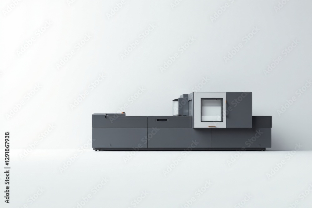 Modern industrial printing machine in a minimalist setting, showcasing advanced technology and efficiency for high-volume production Modern industrial printing machine in a minimalist setting, showcasing advanced technology and efficiency for high-volume production