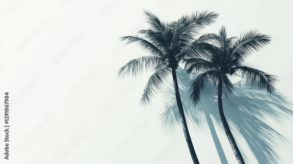 Obraz premium Two tall palm trees cast long shadows against a soft, light background, evoking a serene tropical vibe.