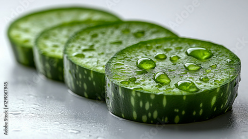 Sliced fresh aloe vera with glistening water droplets on a dark textured surface, showing its translucent, hydrating gel
