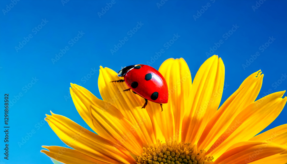A ladybird collecting pollen from a vibrant yellow flower, set against a clear blue sky. The scene captures the beauty of nature, showcasing the insect’s delicate features and its role in pollination. A ladybird collecting pollen from a vibrant yellow flower, set against a clear blue sky. The scene captures the beauty of nature, showcasing the insect’s delicate features and its role in pollination.