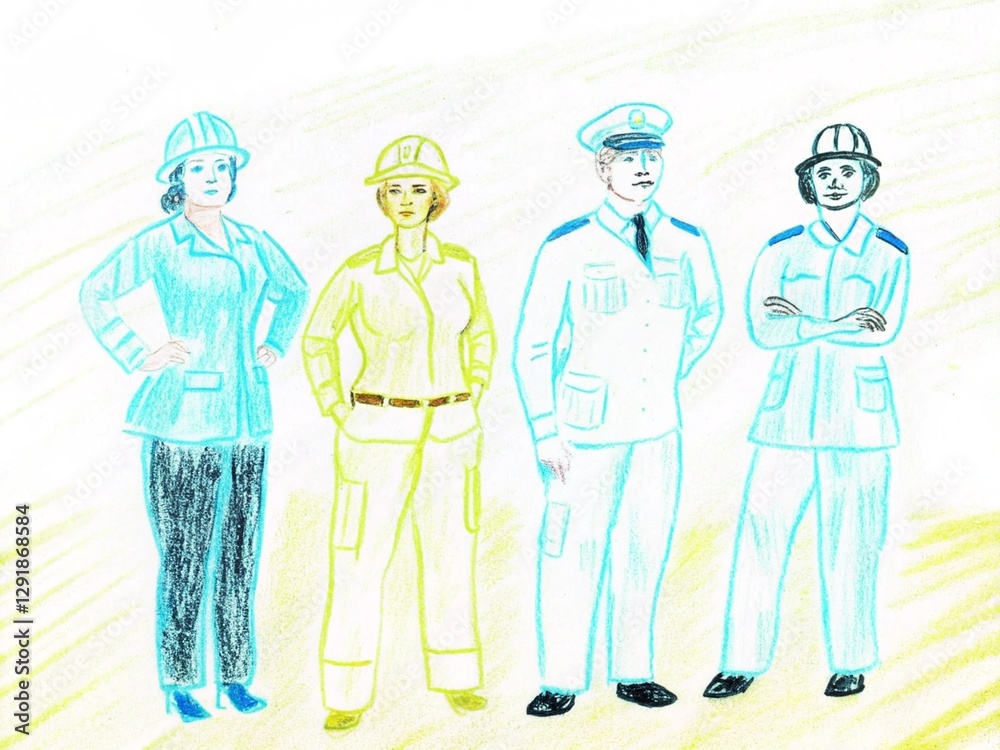 Group of ladies in the uniform of men's professions. International women's day concept. Group of ladies in the uniform of men's professions. International women's day concept.