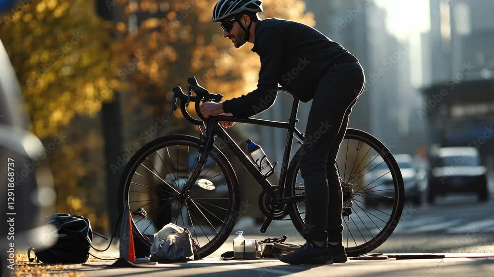 Bicycle mechanic repairs rental bike at city corner