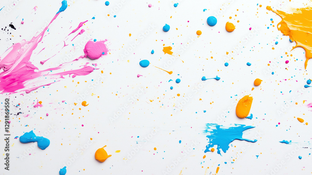 Obraz premium A creative abstract paint splatter background with vibrant colors on a white surface, perfect for artistic and dynamic projects.