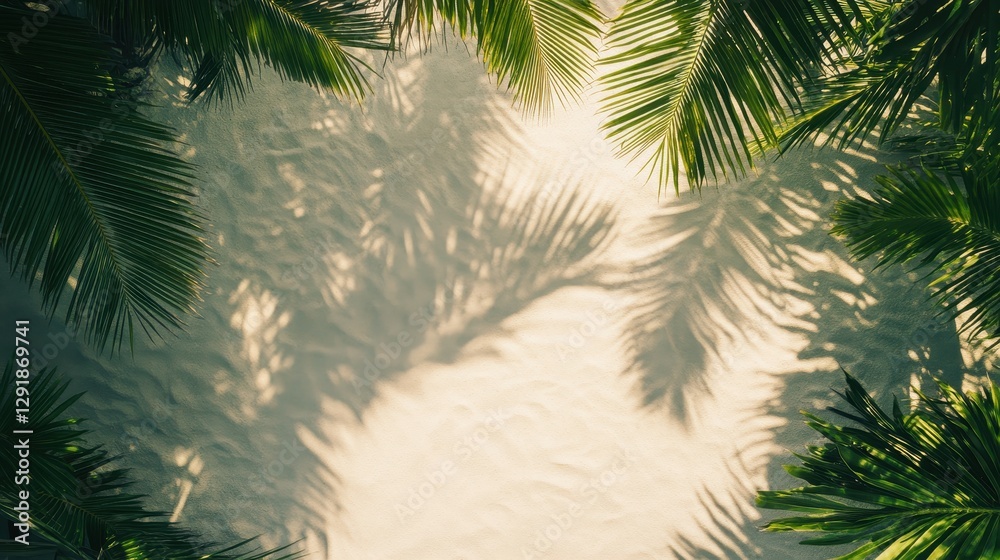 Obraz premium Lush green palm leaves frame a sunlit sandy beach, creating a tranquil and inviting tropical atmosphere.