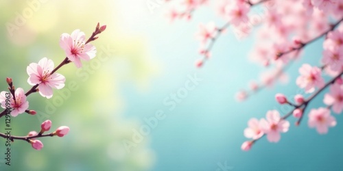 Delicate Pink Blossoms on Branch Against Soft-Focus Background of Springtime Greenery and Sky