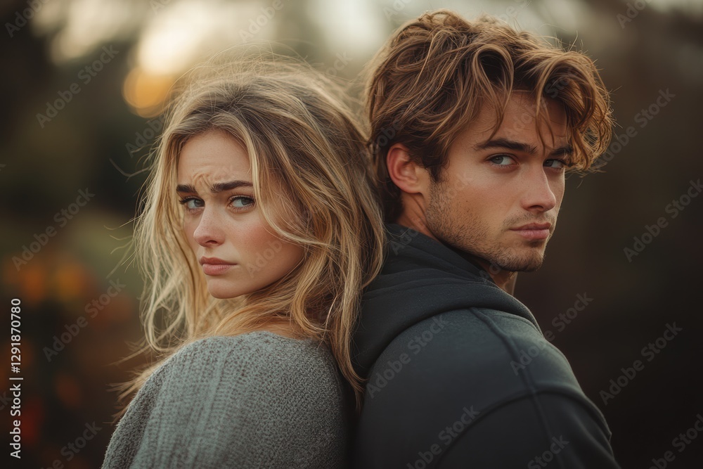 Couple stands back to back in a contemplative moment during dusk Couple stands back to back in a contemplative moment during dusk