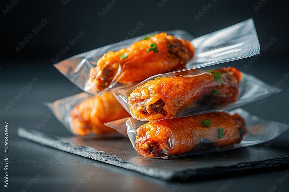 meat vacuum-sealed . fresh halal food and grocery. Succulent chicken wings in clear packaging on a slate plate. meat vacuum-sealed . fresh halal food and grocery. Succulent chicken wings in clear packaging on a slate plate.