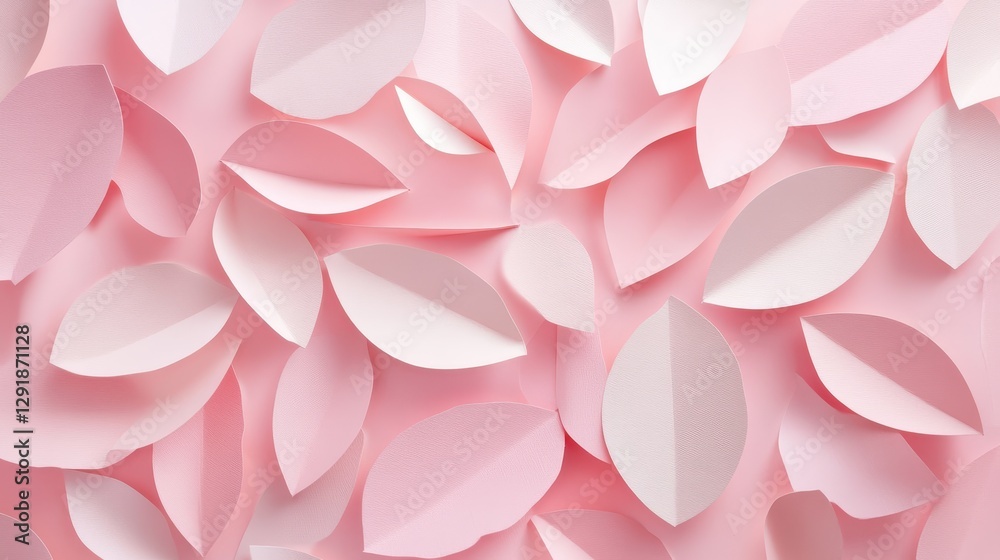 An array of pastel pink and white paper leaves creates a soft, textured background, perfect for a delicate design aesthetic. An array of pastel pink and white paper leaves creates a soft, textured background, perfect for a delicate design aesthetic.