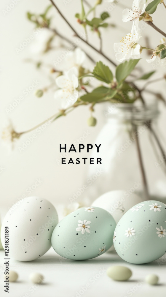 Fototapeta premium Easter eggs with white flowers in a jar, vertical holiday background