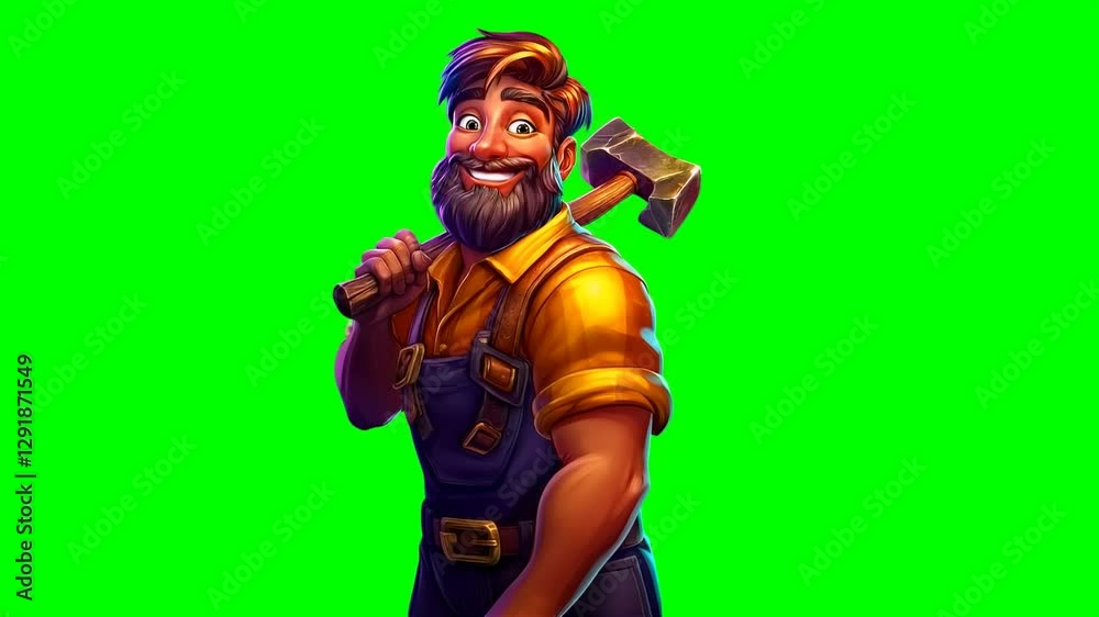 Cartoon Male Miner with Hammer on Green Chroma Key Background Cartoon Male Miner with Hammer on Green Chroma Key Background