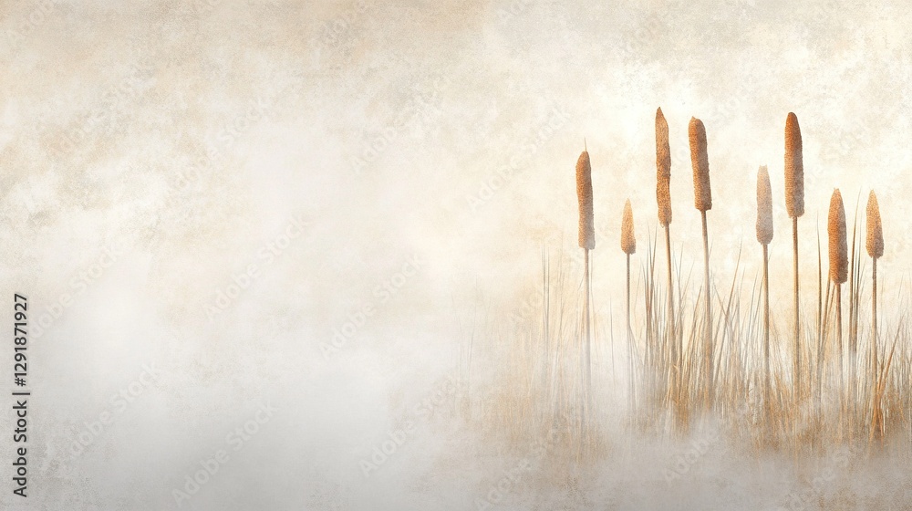 Misty reeds in a golden field; serene landscape