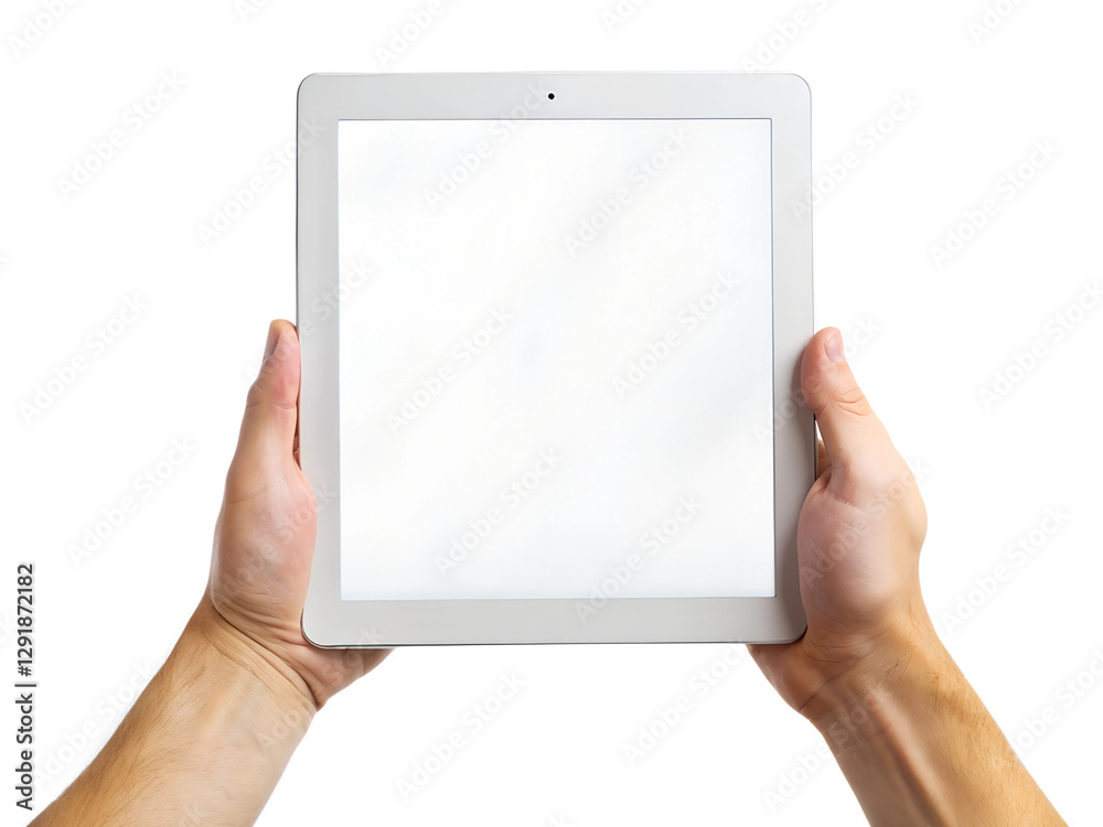 hand on a white background holding ipad with white screen hand on a white background holding ipad with white screen