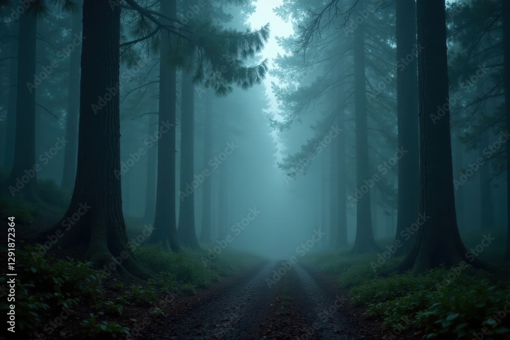 Naklejka premium Mysterious Forest Path Shrouded in an Ethereal Mist at Dusk