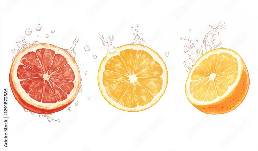 Refreshing Citrus Fruit Slices with Splashing Water Representing Vibrant Flavor and Health Refreshing Citrus Fruit Slices with Splashing Water Representing Vibrant Flavor and Health
