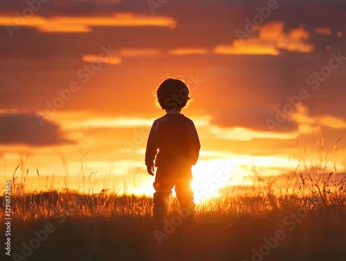 Child Silhouette Standing in Golden Sunset Field