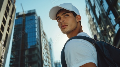 young hispanic man in white cap and t-shirt with backpack standing against urban skyline. summer day in city. urban lifestyle theme. travel, fashion