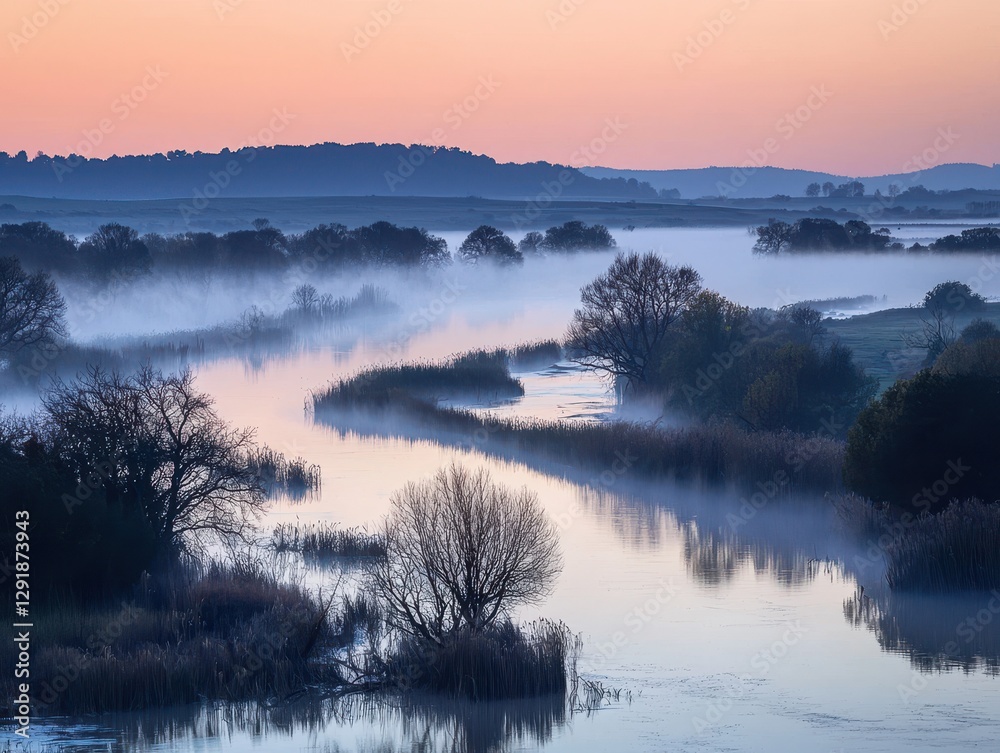 Fototapeta premium A serene river scene at dawn, surrounded by mist and trees, reflecting soft colors of the sky in a tranquil natural setting.