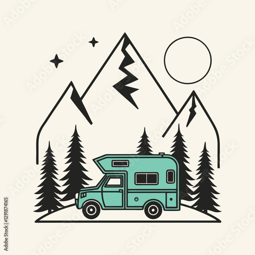 Vintage Camper Van in Mountain Landscape with Pine Trees and Sun
