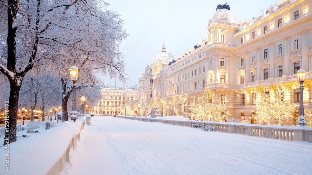 Obraz premium Snowy city street at night, elegant buildings, winter wonderland, holiday travel