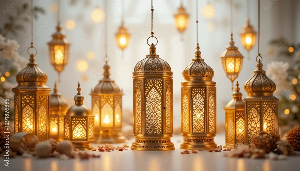Obraz premium Golden Arabic Lantern with Candle Light, Ramadan Kareem Festive Background & Islamic Decor, generated ai