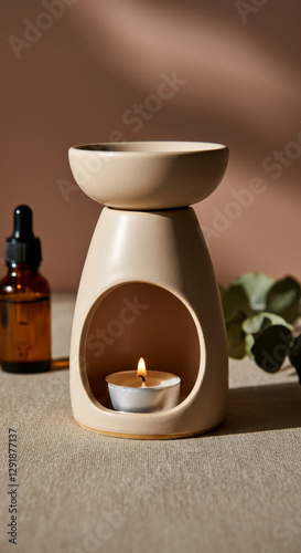 Ceramic oil burner with lit candle and essential oil bottle in soft light