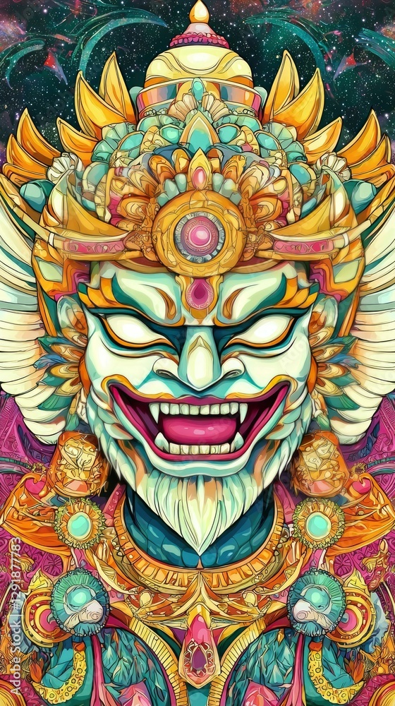 Vibrant Digital Artwork of a Balinese Barong Mask with Intricate Details and Cosmic Background Vibrant Digital Artwork of a Balinese Barong Mask with Intricate Details and Cosmic Background