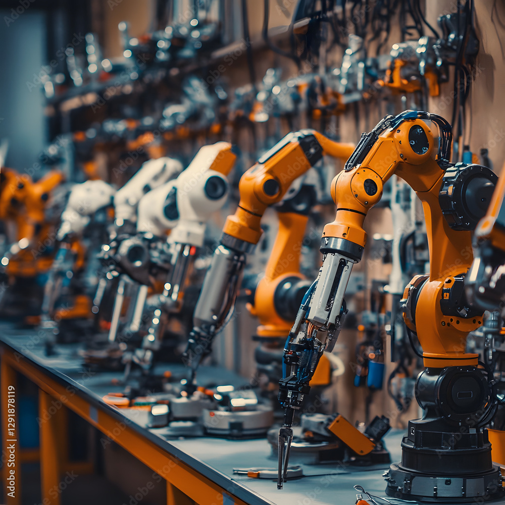 Rows of robotic arms with various tool attach Rows of robotic arms with various tool attach