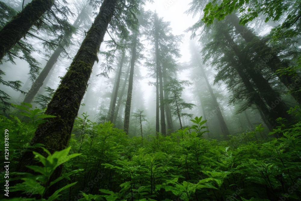 Fototapeta premium Misty Forest with Towering Trees