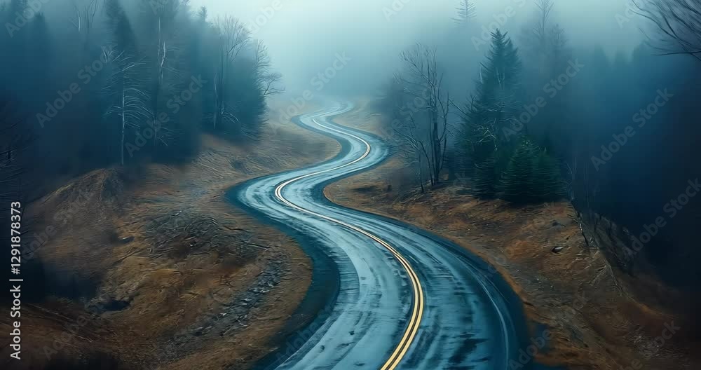 A winding, wet asphalt road through a foggy forest, creating a serene and mysterious atmosphere.