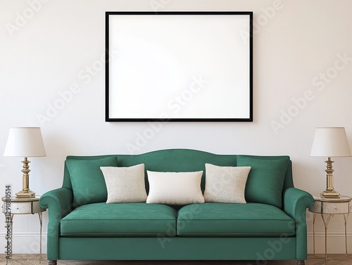 A modern living room featuring a green couch, decorative pillows, and a blank wall canvas ready for artwork.