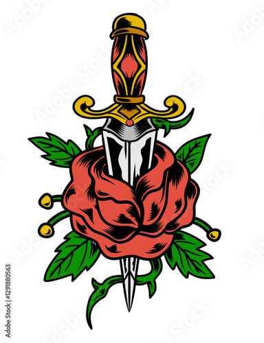 rose with a sword illustration tattoo vector design with colors