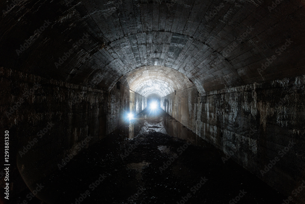 vista panoramica ed in prospettiva degli interni di un'antico bunker abbandonato della seconda guerra mondiale