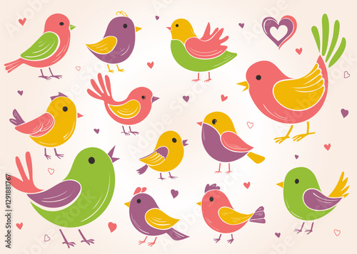 Set of stylized colorful birds. Flat hand drawn little birds of different shapes and colors. Playful cheerful birds for springtime design, decoration, scrapbook