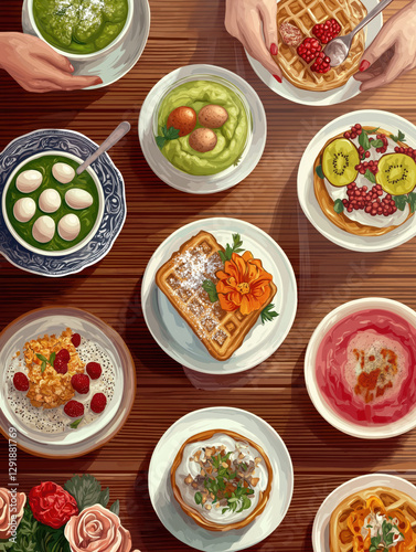 Wallpaper Mural Brunch spread with waffles and fruit on wooden table Torontodigital.ca