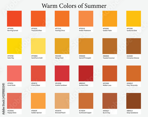 Color Palettes 24 Warm Shades of Summer - Orange, Yellow, Brown, Red, Bright Colors - with HEX Codes and Names, Colour Scheme and Combinations
