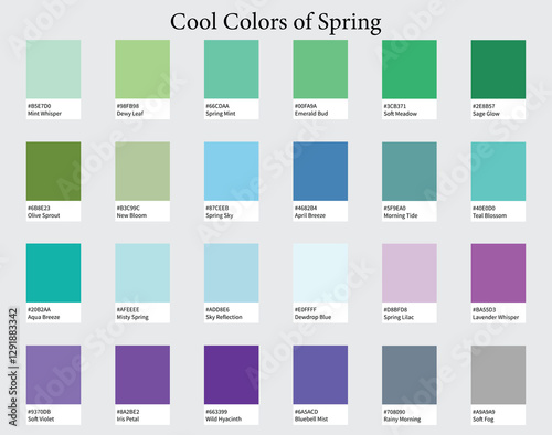 Color Palettes 24 Cool Shades of Spring - Blue, Green, Purple, Bright Colors - with HEX Codes and Names, Colour Scheme and Combinations
