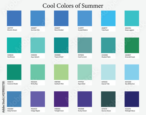 Color Palettes 24 Cool Shades of Summer - Blue, Green, Purple Colors - with HEX Codes and Names, Colour Scheme and Combinations