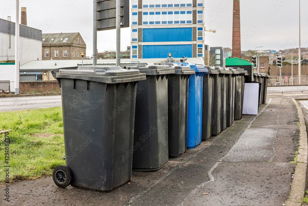 Row of Black Waste Recycling Wheelie Bins on Kerbside in Urban Residential Area Row of Black Waste Recycling Wheelie Bins on Kerbside in Urban Residential Area