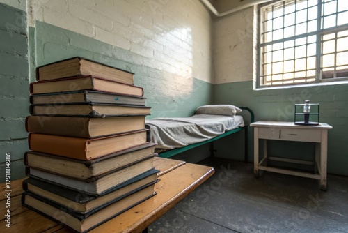 A dimly lit prison cell with a stack of books, a bed, and a small table, conveying a sense of solitude and contemplation.