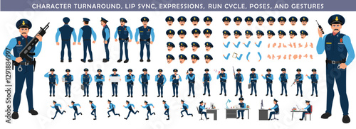 
Police Officer Character Design Model Sheet. Man, Character design. Front, side, back view and explainer animation poses. Character set with lip sync and Walk cycle animation sequences.
