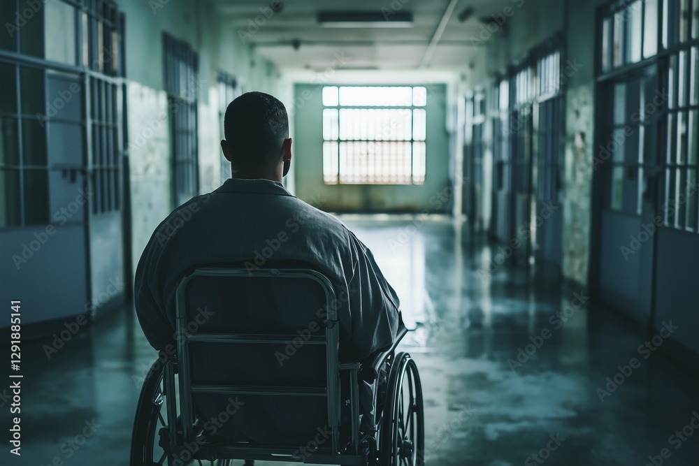 Man in wheelchair facing prison corridor, highlighting solitude, reflection, and institutional setting in shadowy, ominous lighting. Man in wheelchair facing prison corridor, highlighting solitude, reflection, and institutional setting in shadowy, ominous lighting.