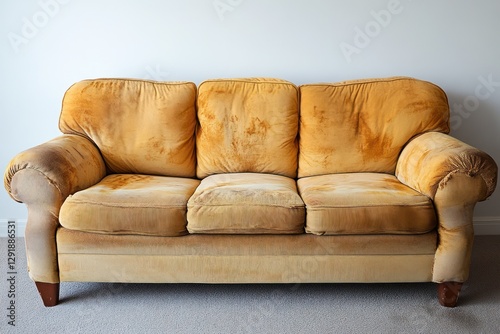 old worn-out yellow sofa with visible stains and faded upholstery against plain white wall. vintage furniture. interior design, home staging, retro theme.