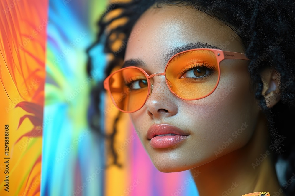 Promotional flyer design featuring a model with unique sunglasses against a colorful background Promotional flyer design featuring a model with unique sunglasses against a colorful background