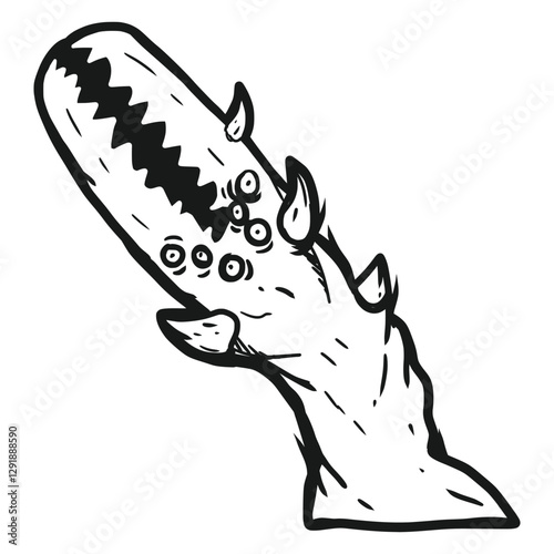 Hand drawn vector illustration of a terrifying sand monster with numerous fangs, multiple eyes, and a large mouth