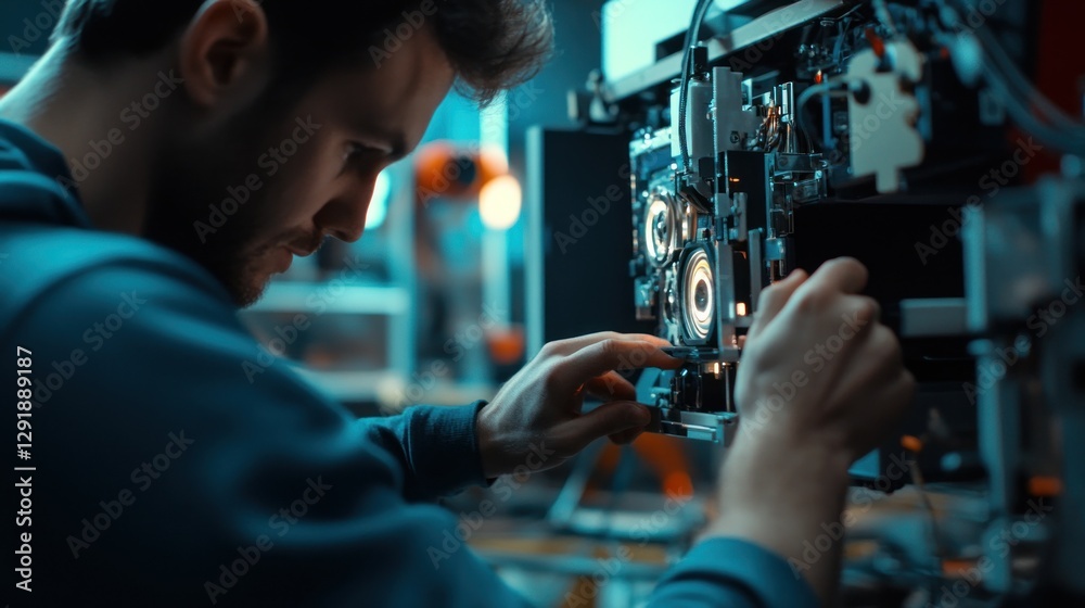 Technician repairing complex machinery in workshop. Technician repairing complex machinery in workshop.