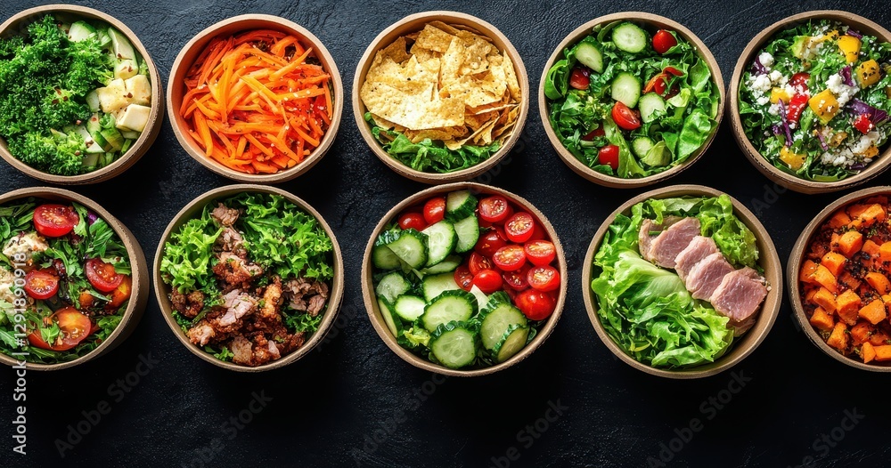 Fresh and Vibrant Salad Bowls with Mixed Vegetables and Toppings on a Dark Background for Healthy Eating and Culinary Inspiration Fresh and Vibrant Salad Bowls with Mixed Vegetables and Toppings on a Dark Background for Healthy Eating and Culinary Inspiration